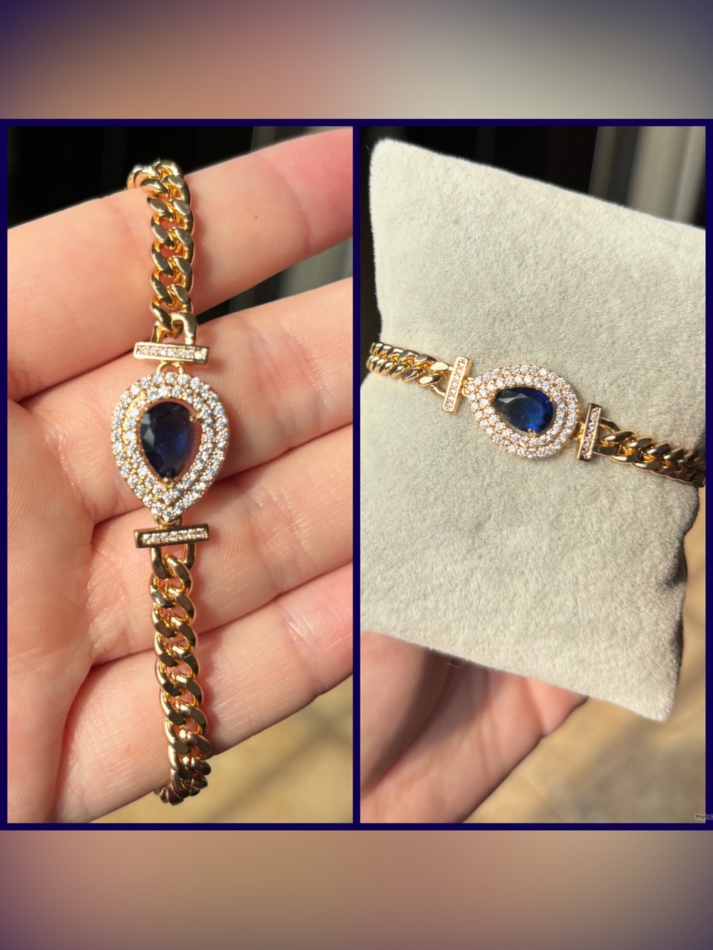 Gold-Tone Bracelet with Blue Teardrop Crystal and Pavé Accents